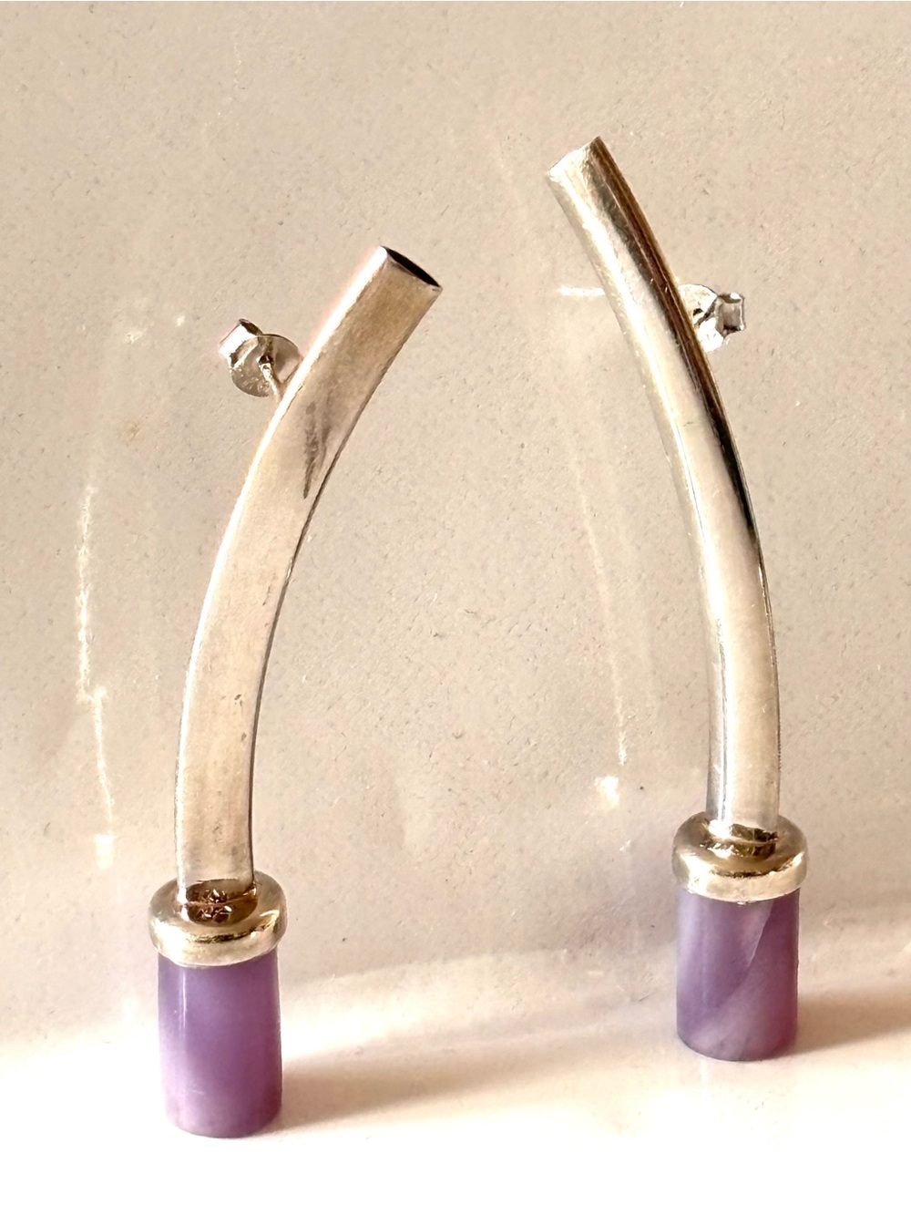 Handcrafted Curved earrings in sterling and lavender jade